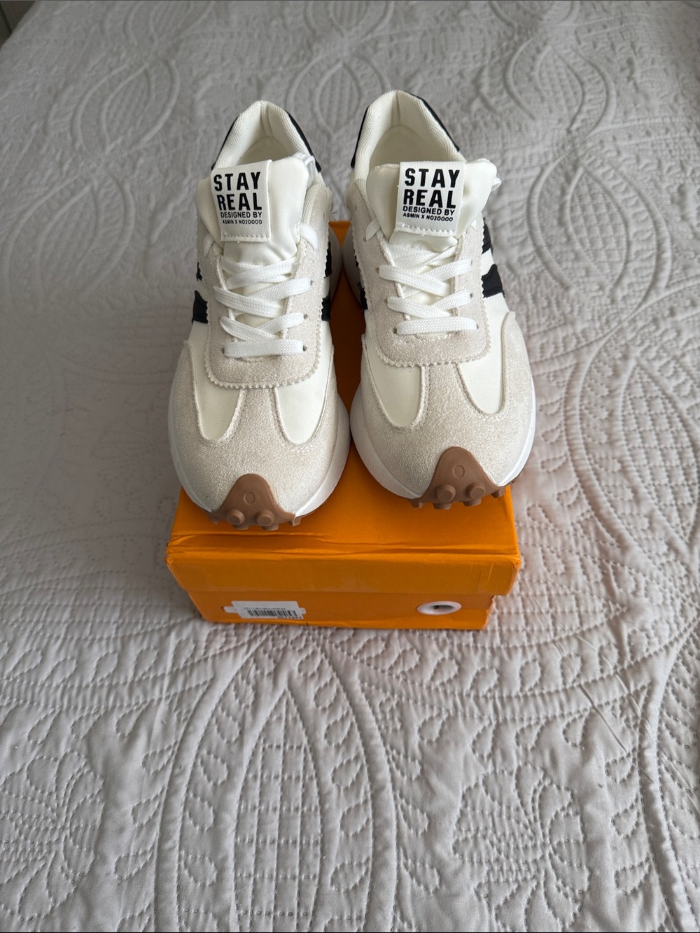 White Sneakers with suede and Black Stripes with Tan Accents
